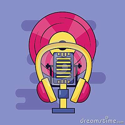 microphone earphones vinyl music colorful background Cartoon Illustration