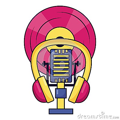 microphone earphones vinyl music colorful background Cartoon Illustration
