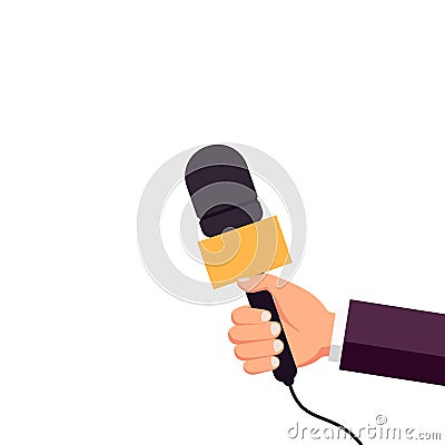 Microphone in hand for poll, question and quiz. Hand hold microphone for interview, news and television broadcast. Concept of Vector Illustration