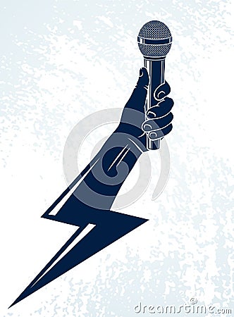 Microphone in hand in a shape of lightning, rap battle rhymes music, karaoke singing or standup comedy, vector logo or Vector Illustration