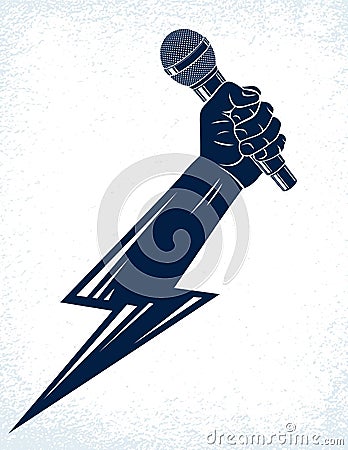 Microphone in hand in a shape of lightning, rap battle rhymes music, karaoke singing or standup comedy, vector logo or Vector Illustration