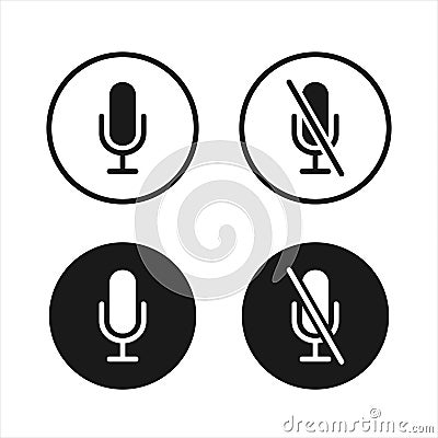 Microphone icon button set. Audio voice recording on/off mute symbol. Flat podcast application interface sign. Vector Illustration