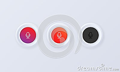 Microphone icon set. Voice personal asistent button in 3d style. Audio message, recorder, speak sign. Voice recognition. Vector Vector Illustration