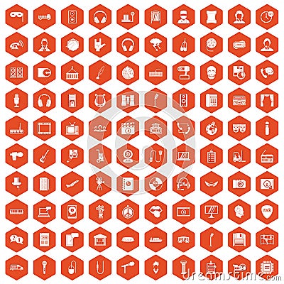 100 microphone icons hexagon orange Vector Illustration