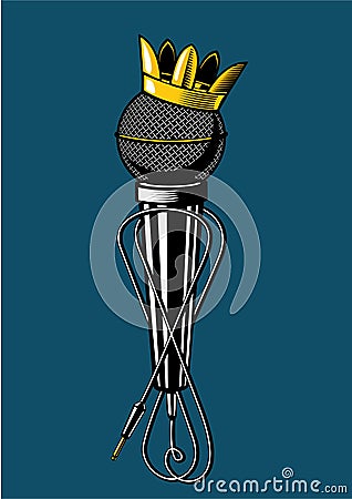 Microphone with kings crown. Vintage music poster. Musicla sign with mic. Vector Illustration