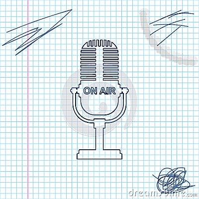 Microphone line sketch icon isolated on white background. On air radio mic microphone. Speaker sign. Vector Illustration Vector Illustration