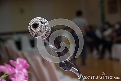 Microphone on the podium in the seminar room Stock Photo