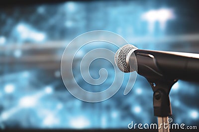 Close up microphone on stand for speaker speech presentation stage performance or press Stock Photo