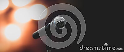 Microphone Public speaking background, Close up microphone on stand for speaker speech presentation stage performance or press Stock Photo