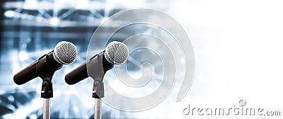 Microphone Public speaking background, Close up microphone on stand for speaker speech presentation stage performance or press Stock Photo