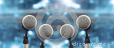 Microphone Public speaking background, Close up microphone on stand for speaker speech presentation stage performance or press Stock Photo