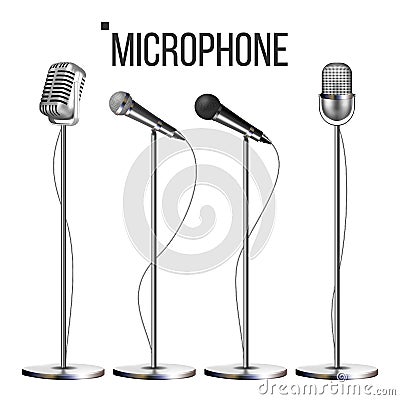 Microphone Set With Stand Vector. Music Icon. Vintage Concert. Modern And Retro. Audio Communication Musical Symbol Vector Illustration