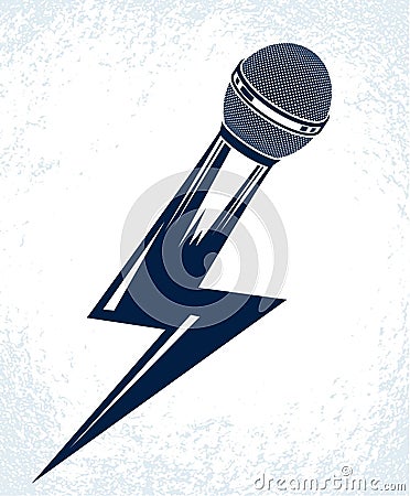 Microphone in a shape of lightning, mic like a bolt, breaking news concept, rap battle rhymes music, karaoke singing or standup Vector Illustration