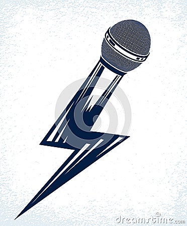 Microphone in a shape of lightning, mic like a bolt, breaking news concept, rap battle rhymes music, karaoke singing or standup Vector Illustration