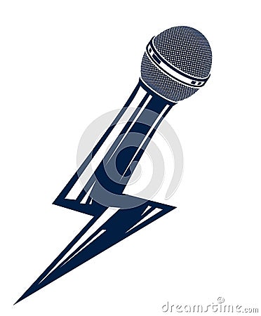 Microphone in a shape of lightning, mic like a bolt, breaking news concept, rap battle rhymes music, karaoke singing or standup Vector Illustration