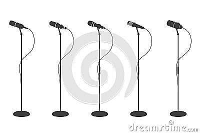 Microphone silhouettes. Standing microphones audio equipment. Concept and karaoke music mics vector isolated collection Vector Illustration