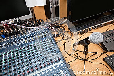 Microphone and sound mixing equipment at television studio Stock Photo