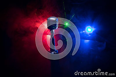 Microphone for sound, music, karaoke in audio studio or stage. Mic technology. Voice, concert entertainment background. Speech Editorial Stock Photo