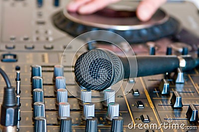 Microphone on soundboard dj Stock Photo