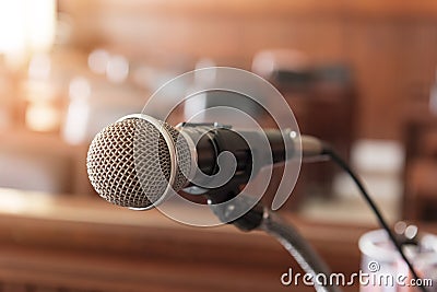 microphone,Table and chair in the courtroom Stock Photo