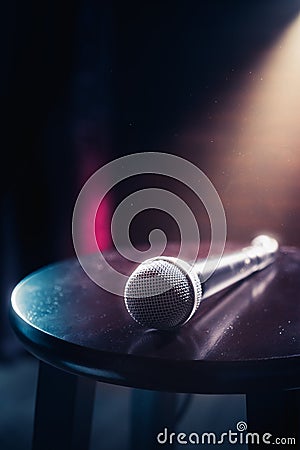 Microphone on a wood stool on a stage Stock Photo