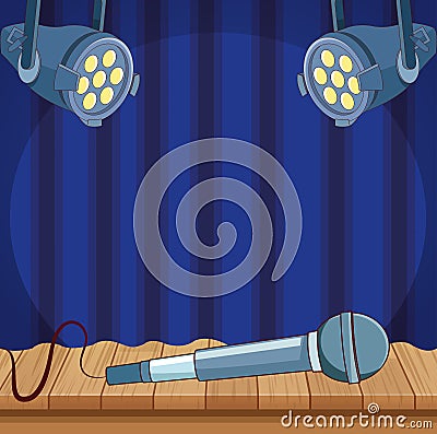 Microphone in wooden floor spotlights stage stand up comedy show Vector Illustration