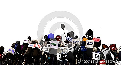 Microphones during press conference Stock Photo