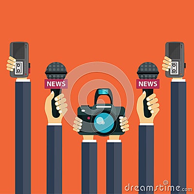 Microphones in reporter hands. Set of microphones and recorders in hands. Mass media, television, interview, breaking news Cartoon Illustration