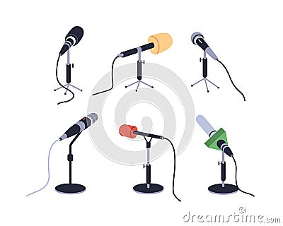 Microphones set. Desktop mics on stands, tripods. Professional audio, voice recording, broadcasting equipment. Table Vector Illustration