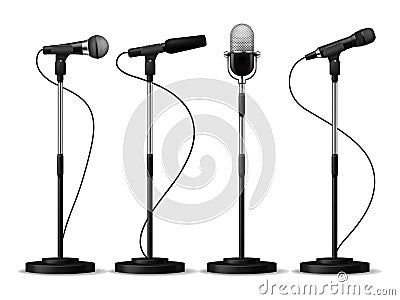 Microphones on stands. Stage standing microphones, studio mic for singing with counters. Concert audio equipment vector Vector Illustration