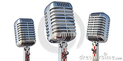 Microphones vintage on stands isolated on white background. 3d illustration Cartoon Illustration