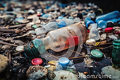 microplastic bottle broken into pieces, surrounded by other plastic debris Stock Photo