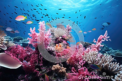 microplastics entangled in colorful coral reefs Stock Photo