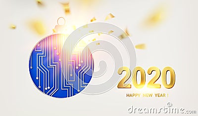 Microprocessor circuitry christmas design toy and golden confetti falls isolated over white background. Vector Illustration