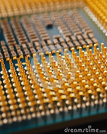 Microprocessor of computer closeup. CPU, semiconductor, pins and connectors. Electronic and computing detail. Digital technologies Stock Photo