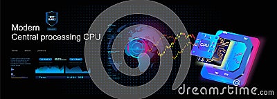 Microprocessor of the future. State of the art new generation CPU. Powerful computer chip. The process of transmitting and process Stock Photo