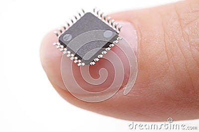 Microprocessor on girls fingertip Stock Photo
