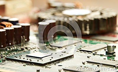 Microprocessor with motherboard background. Computer board chip circuit. Microelectronics hardware concept. Stock Photo