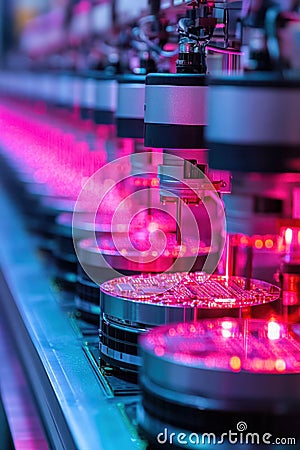 Microprocessor Production, Rows of microprocessors in a high-tech factory, showcasing the mass production process in Stock Photo