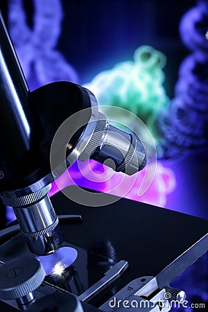 Microscope against DNA repair rendering Stock Photo