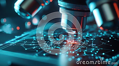 Microscope analyzing futuristic microchip illuminating glowing network connections Stock Photo