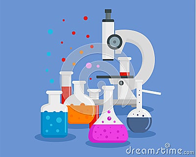 Microscope chemical flask concept background, flat style Vector Illustration