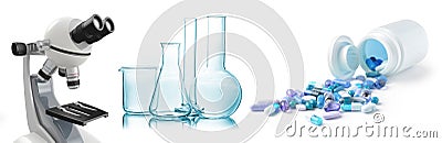 Microscope, chemical glassware and pills Cartoon Illustration