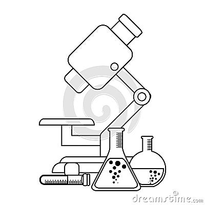 Microscope and chemistry flasks in black and white Vector Illustration