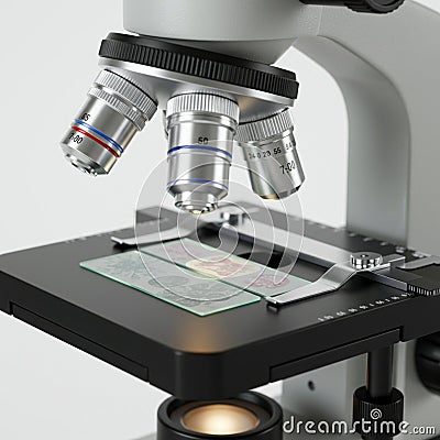 Microscope close-up showing three objective lenses, marked with magnification levels Stock Photo