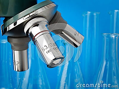 Microscope and flasks Stock Photo