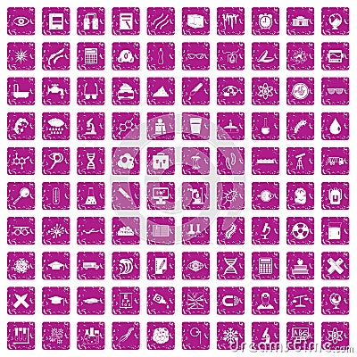 100 microscope icons set grunge pink Vector Illustration