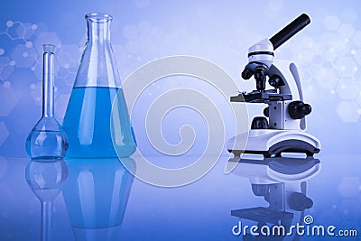 Microscope, Laboratory beakers,Science experiment Stock Photo