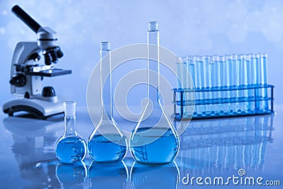 Microscope, Laboratory beakers,Science experiment Stock Photo