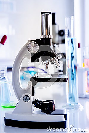 Microscope in laboratory room Stock Photo